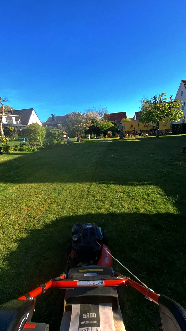 Rasenpflege mit einem Rasenmäher im Garten